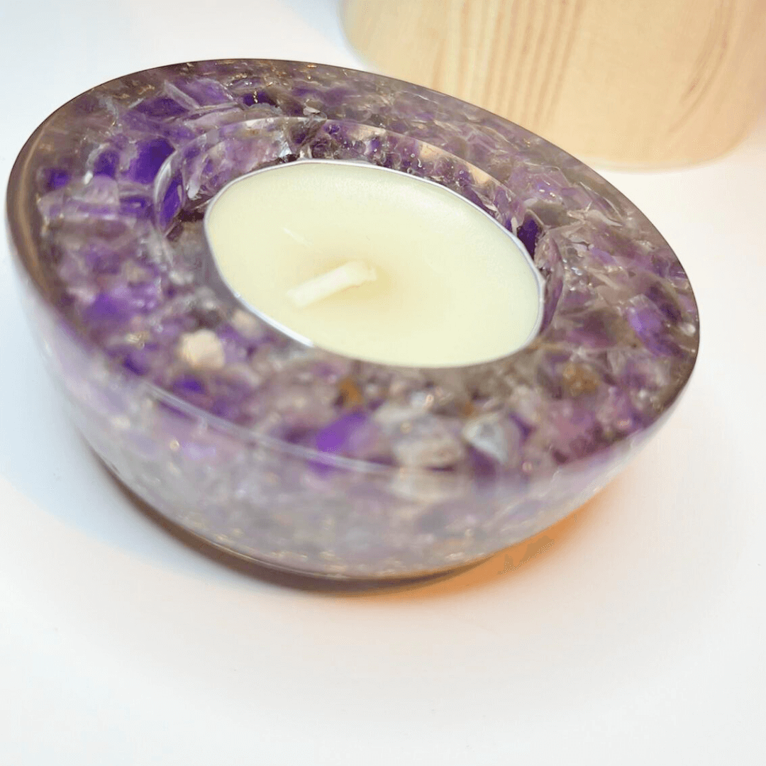 Pack 2 Porta Velas Cuarzo Blanco y Amatista con Cuarzo Blanco