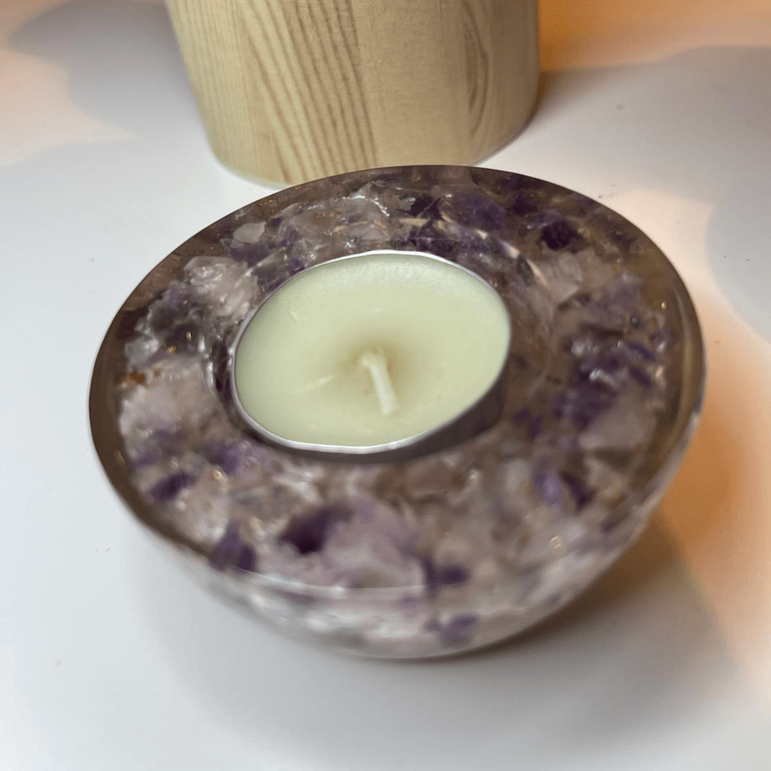 Pack 2 Porta Velas Amatista y Amatista con Cuarzo Blanco
